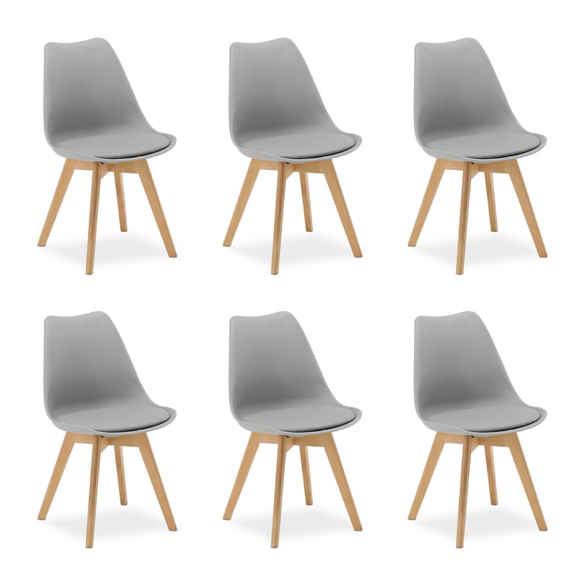 6 Chaises Grises avec Pieds en Bois