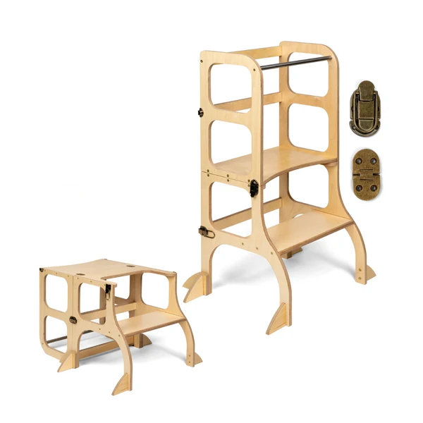 Tour d'apprentissage - table « Step'n'Sit », bois / fermoirs laiton, support supplémentaire