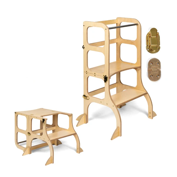 Tour d'apprentissage - table « Step'n'Sit », bois / fermoirs dorés, support supplémentaire