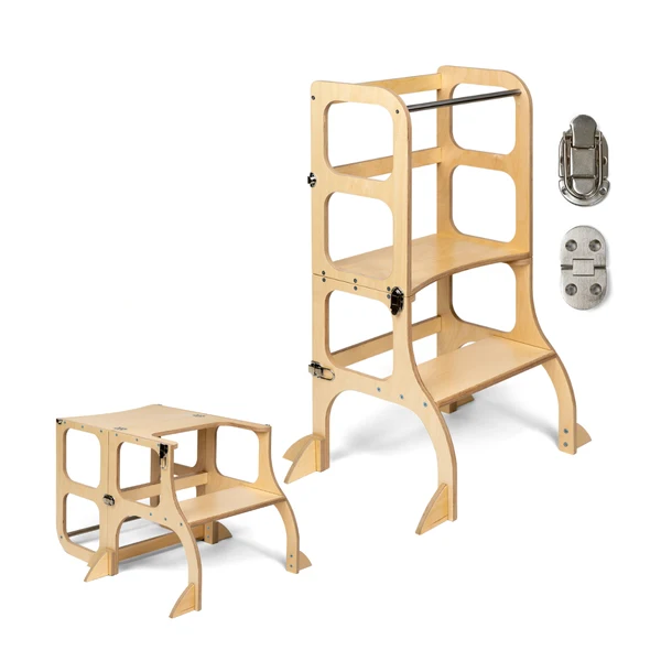 Tour d'apprentissage - table « Step'n'Sit », bois / fermoirs argentés, support supplémentaire