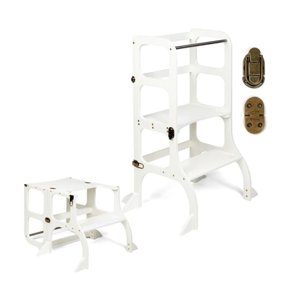 Tour d'apprentissage - table « Step'n'Sit », blanc / fermoirs laiton, support supplémentaire