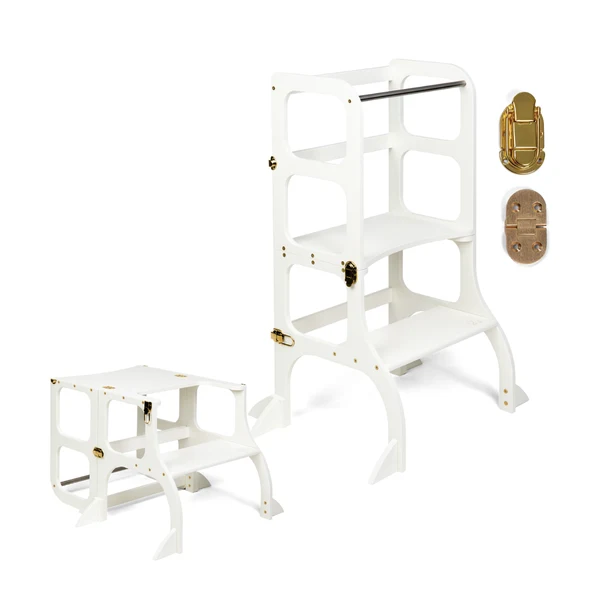 Tour d'apprentissage - table « Step'n'Sit », blanc / fermoirs dorés, support supplémentaire