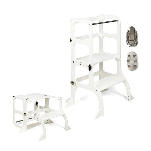 Tour d'apprentissage - table « Step'n'Sit », blanc / fermoirs argentés, support supplémentaire