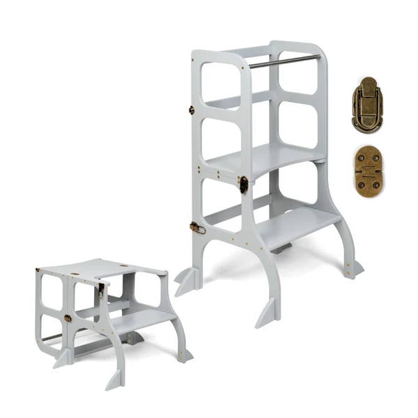 Tour d'apprentissage - table « Step'n'Sit », gris clair / fermoirs laiton, support supplémentaire