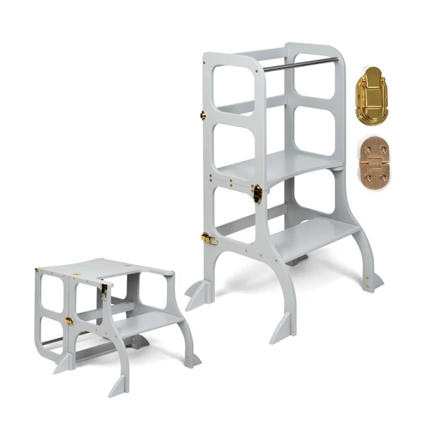 Tour d'apprentissage - table « Step'n'Sit », gris clair / fermoirs dorés, support supplémentaire