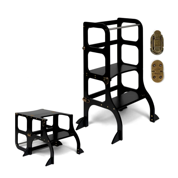Tour d'apprentissage - table « Step'n'Sit », noir / fermoirs laiton, support supplémentaire