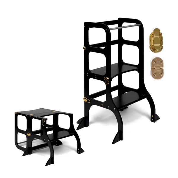 Tour d'apprentissage - table « Step'n'Sit », noir / fermoirs dorés, support supplémentaire