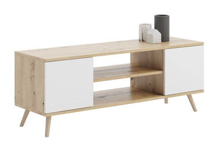 Meuble TV Focus 135 cm - chêne artisan et blanc, piètement bois