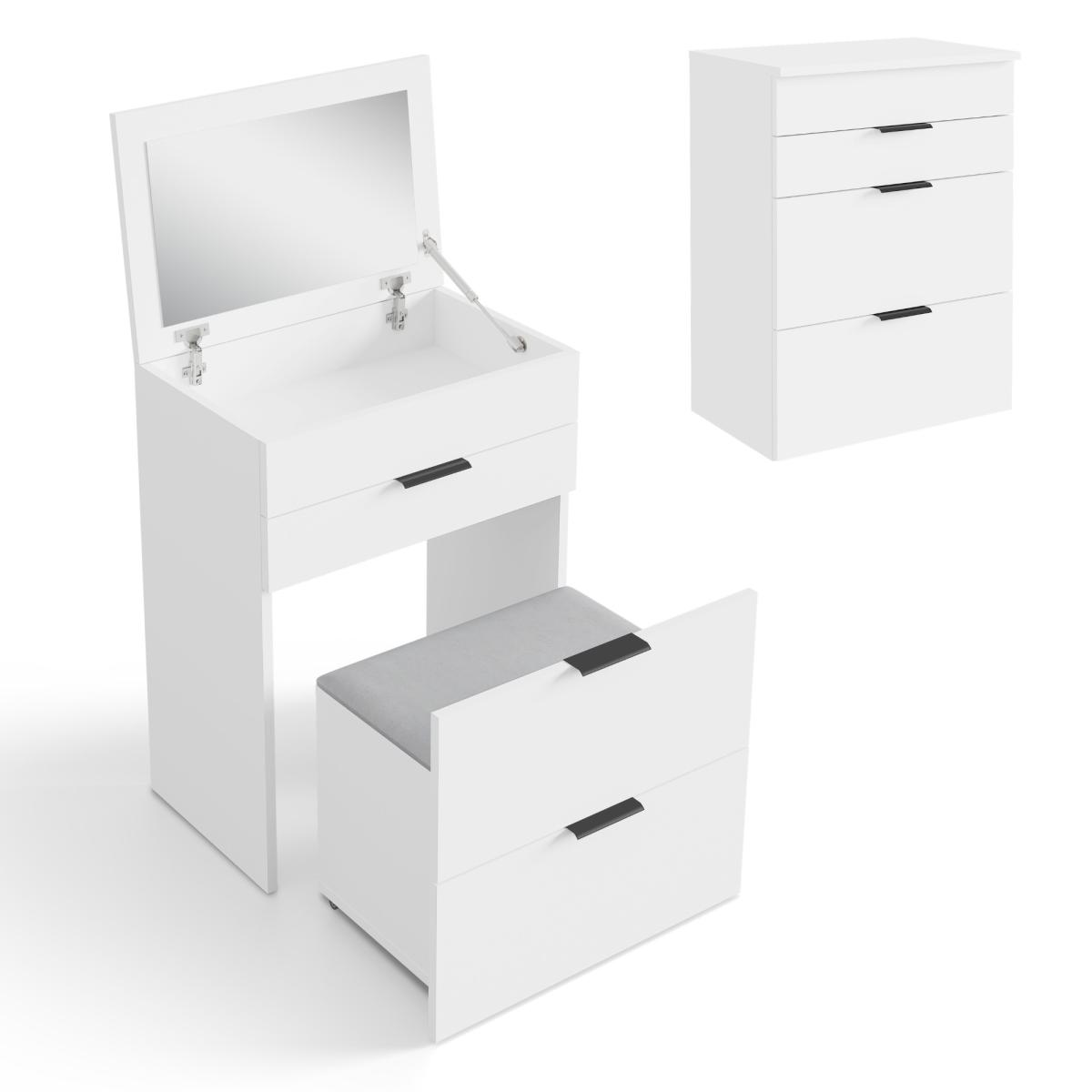 Coiffeuse Rubi - miroir relevable, deux tiroirs, tabouret rembourré, blanc