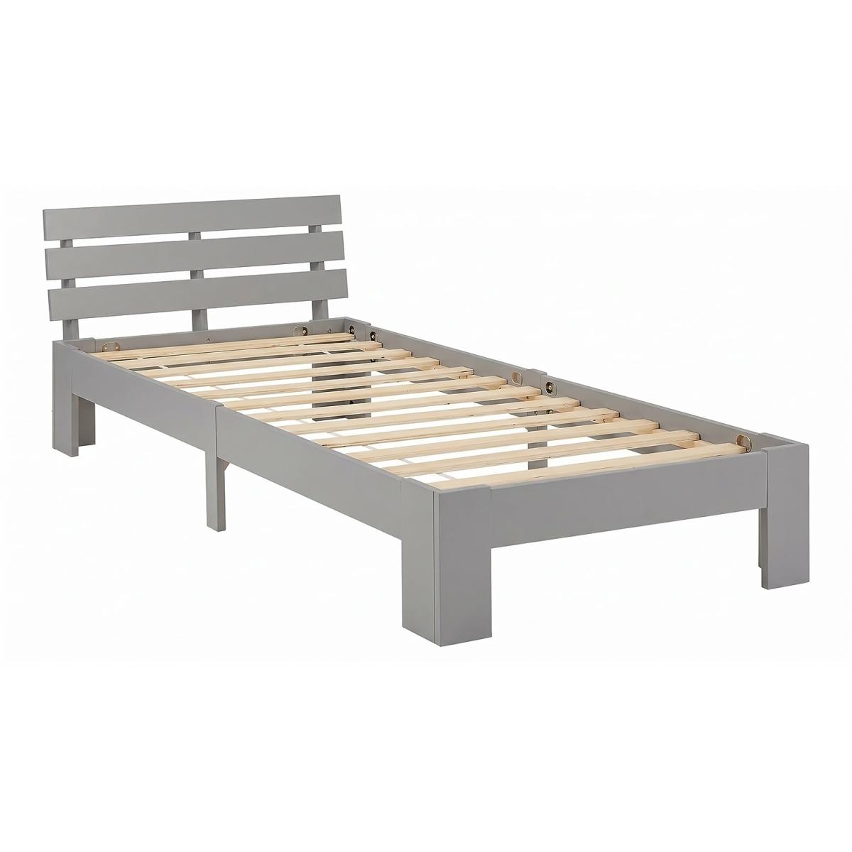 Lit en Bois 90x200 cm Gris - Lit Simple - avec Matelas - Massif - Chambre Enfant, Adolescent, Invité