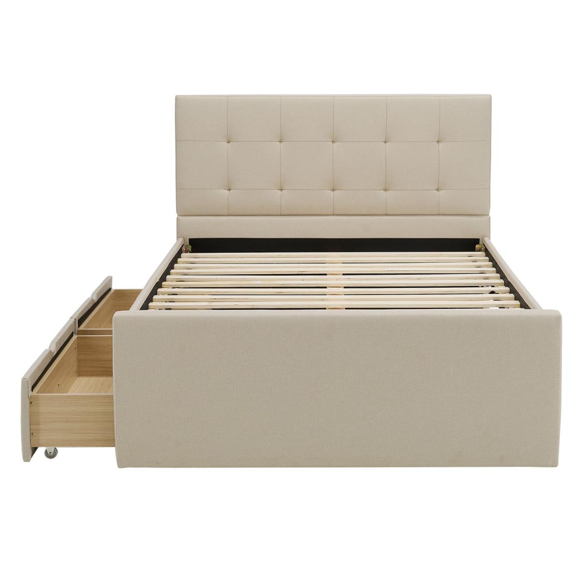 Lit rembourré 140x200 cm beige - avec sommier à lattes - avec 2 tiroirs de lit
