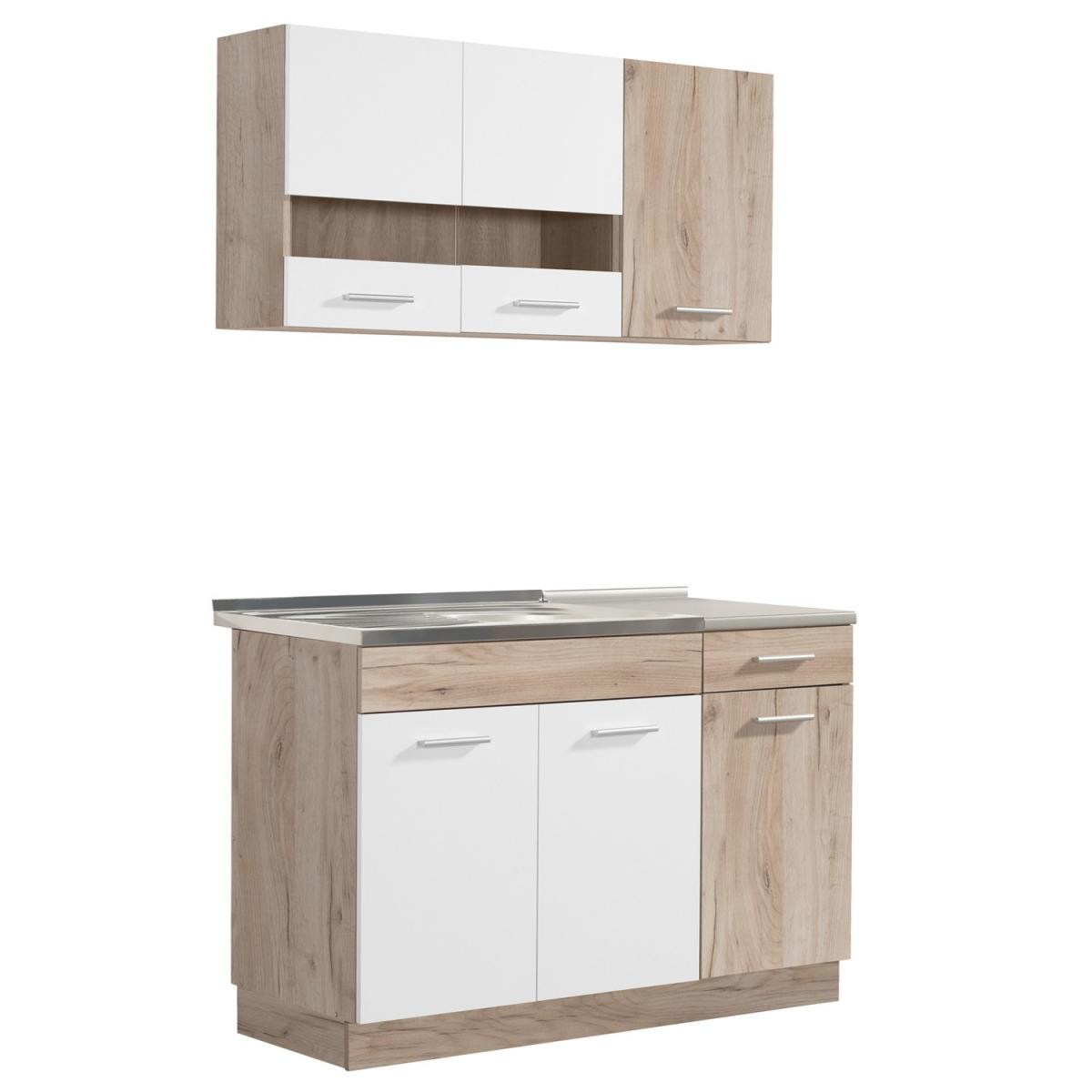 Kitchenette de 120 cm sans appareils électroménagers ni évier - Blanc et chêne - Mini-cuisine claire