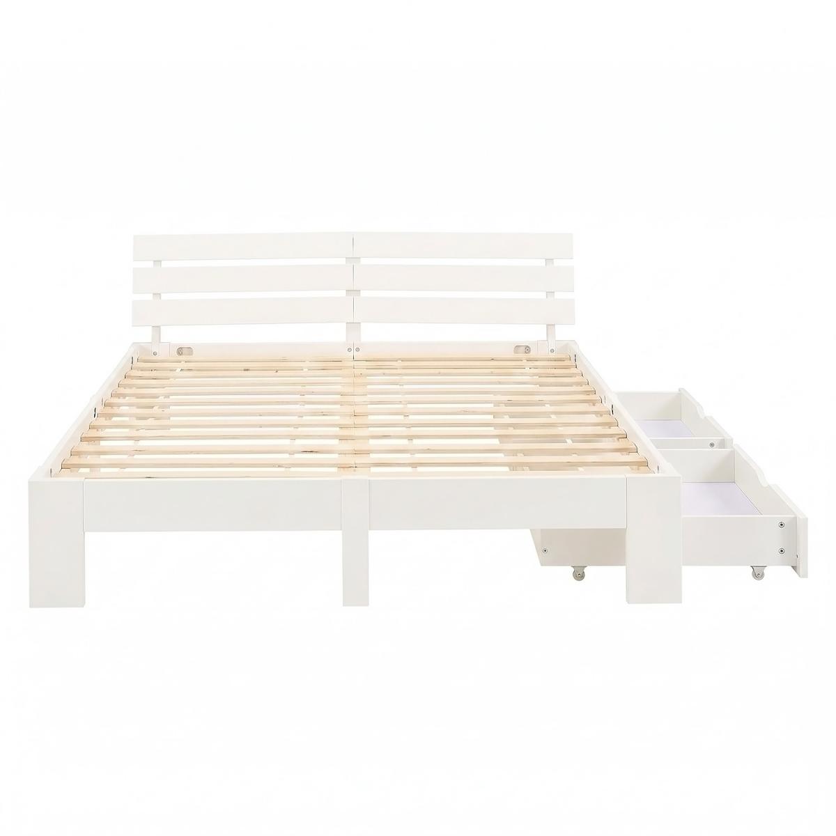 Lit en Bois 180x200 cm Blanc - Lit Double avec Tiroirs de Rangement - avec Sommier - Massif