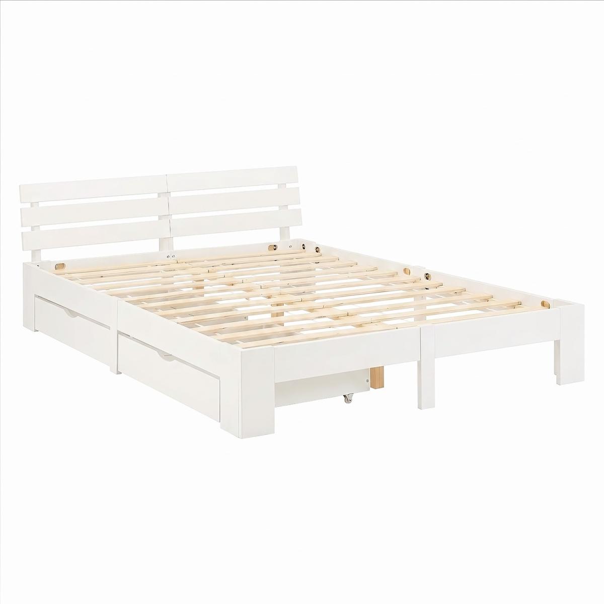 Lit en Bois 180x200 cm Blanc - Lit Double - avec 2 Matelas à ressorts - 2 Tiroirs