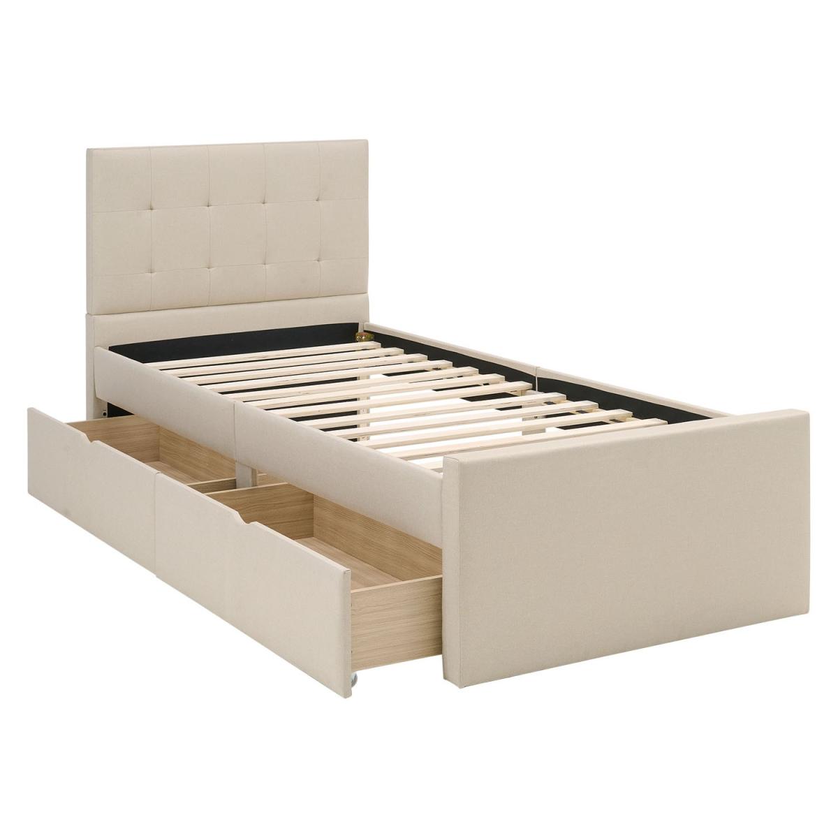Lit rembourré 90x200 cm beige - avec sommier à lattes - avec 2 tiroirs de lit