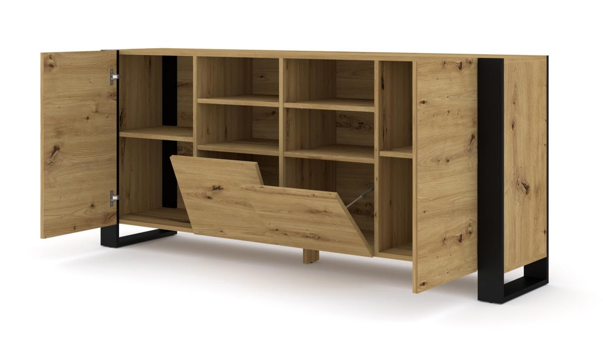 Buffet Mondi 188 cm 2 portes 2 abattants 4 niches - chêne artisan, pieds noirs