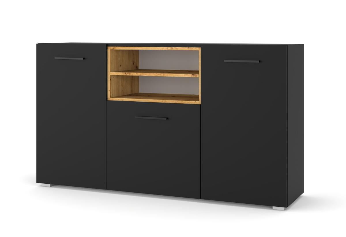 Buffet Anette 151 cm 3 portes 1 niche - noir mat, chêne artisan