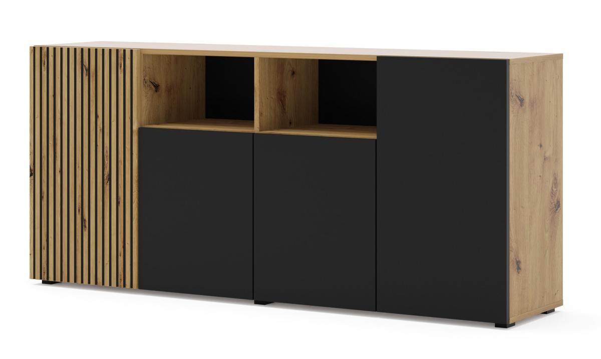 Buffet Auris 180 cm 4 portes 2 niches - chêne artisan et noir mat
