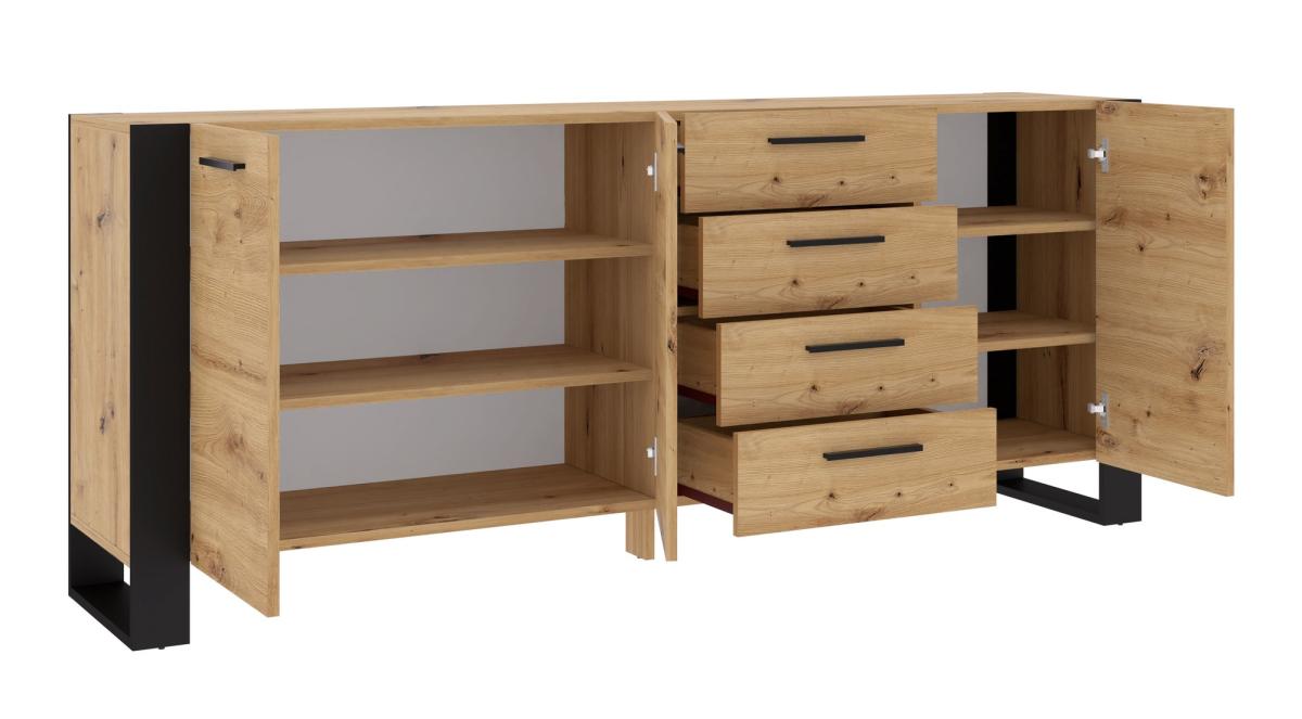 Buffet Nuka K 197 cm 3 portes 4 tiroirs - chêne artisan, pieds cadre noirs