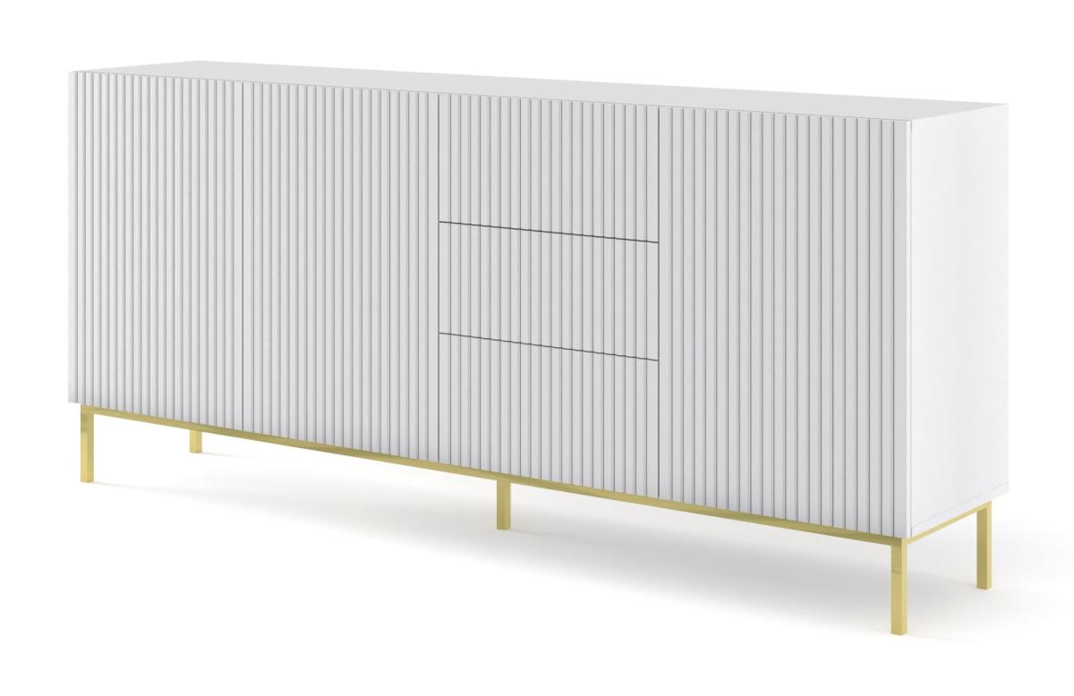 Buffet Ravenna B 200 cm 3 portes 3 tiroirs façades fraisées - blanc mat, cadre doré