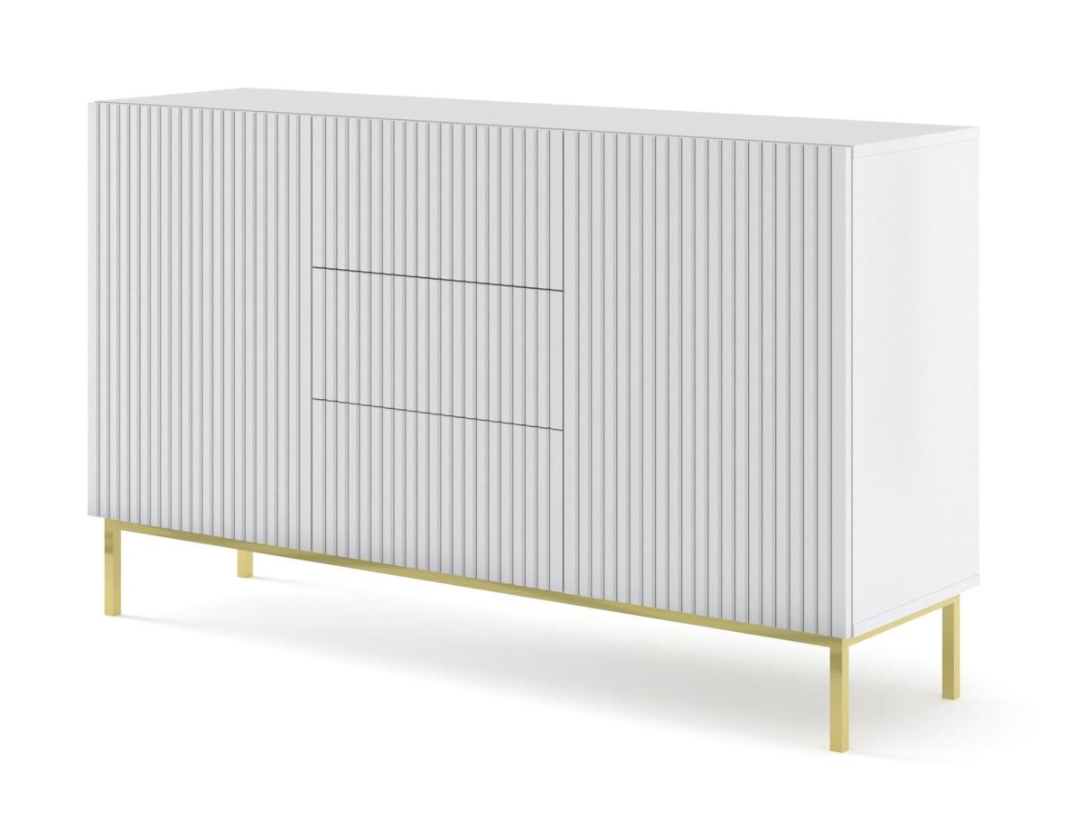 Buffet Ravenna B 150 cm 2 portes 3 tiroirs façades fraisées - blanc mat, cadre doré