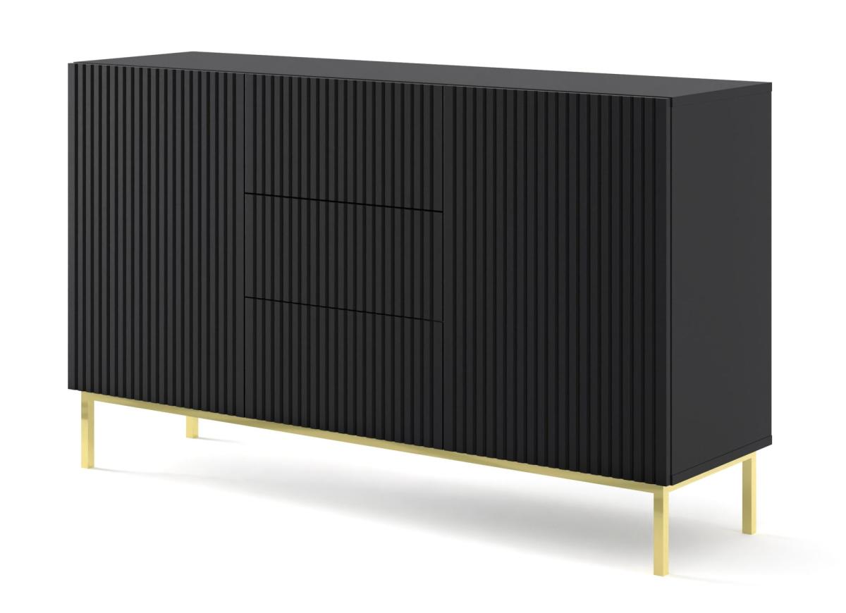 Buffet Ravenna B 150 cm 2 portes 3 tiroirs façades fraisées - noir mat, cadre doré