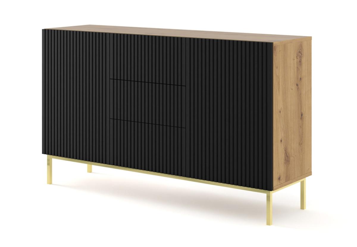 Buffet Ravenna B 150 cm 2 portes 3 tiroirs façades fraisées - chêne artisan/noir mat, cadre doré