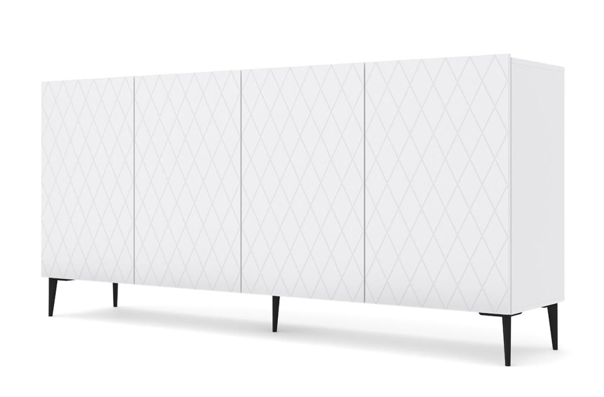 Buffet Diuna 193 cm 4 portes façades losanges - blanc mat, pieds noirs