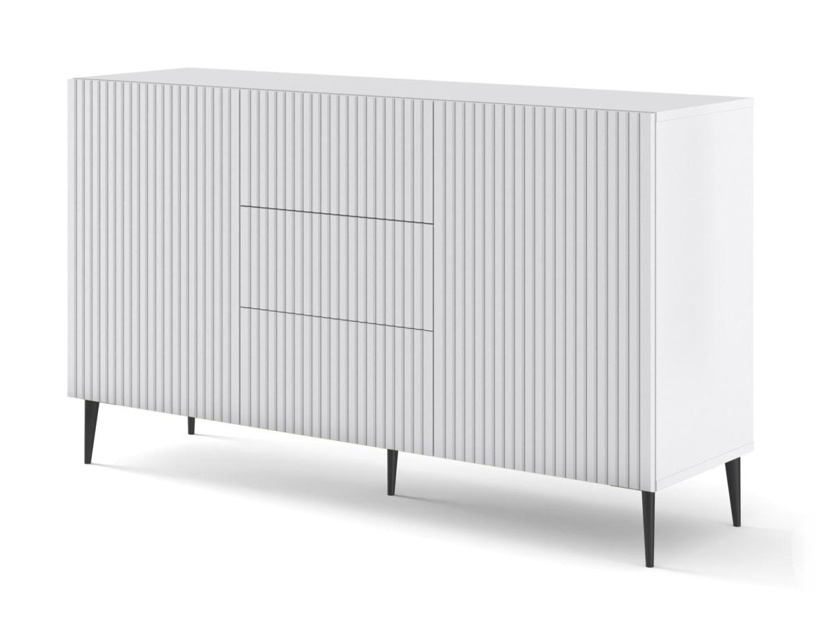 Buffet Ravenna B 150 cm 2 portes 3 tiroirs façades fraisées - blanc mat, pieds noirs