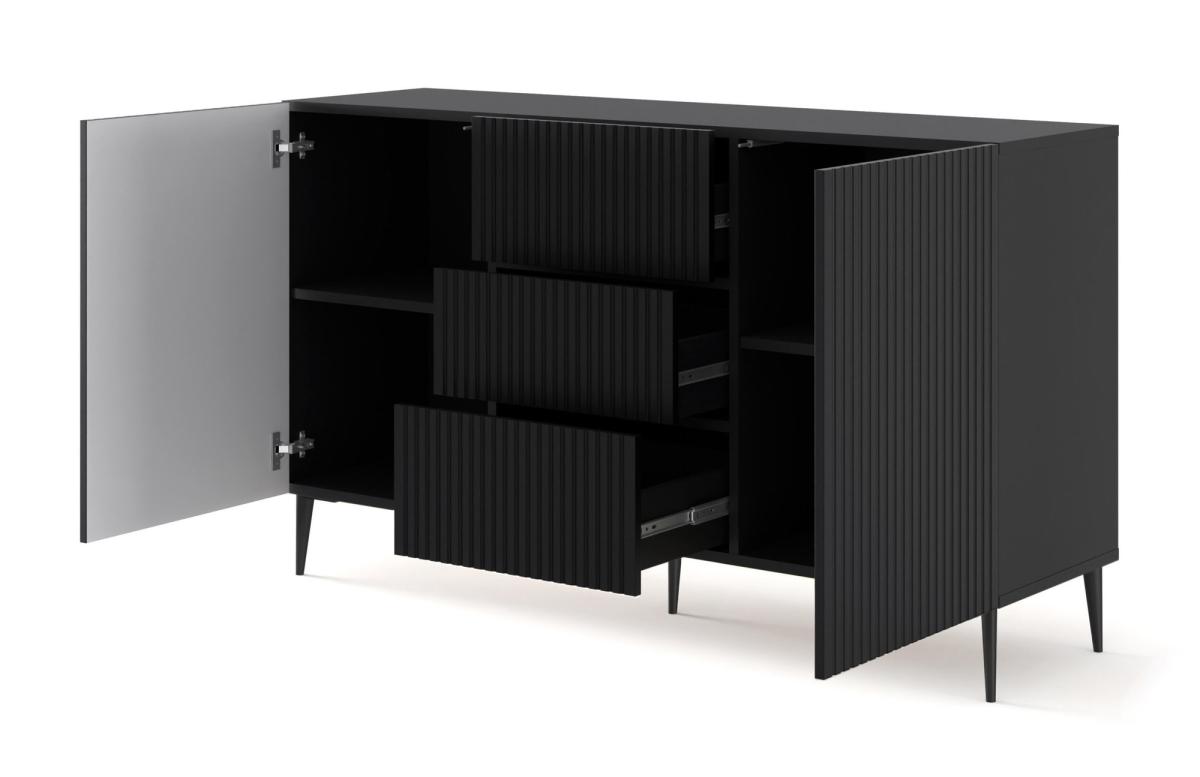 Buffet Ravenna B 150 cm 2 portes 3 tiroirs façades fraisées - noir mat, pieds noirs