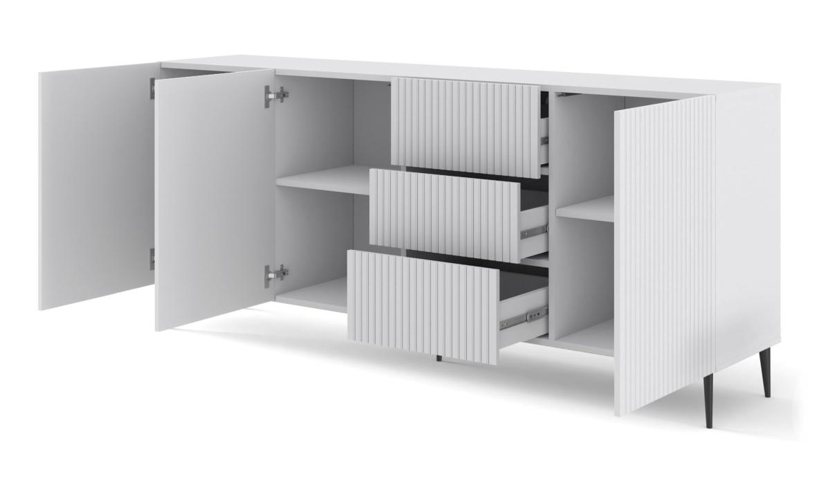 Buffet Ravenna B 200 cm 3 portes 3 tiroirs façades fraisées - blanc mat, pieds noirs