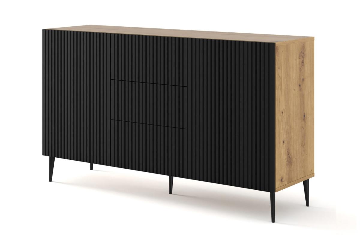 Buffet Ravenna B 150 cm 2 portes 3 tiroirs façades fraisées - chêne artisan/noir mat, pieds noirs