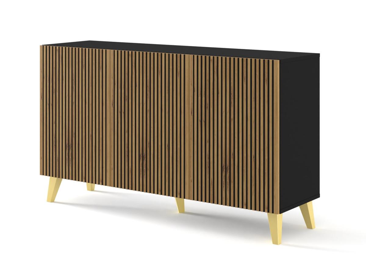 Buffet Ravenna P 150 cm 3 portes façades fraisées - noir mat et chêne artisan, pieds dorés