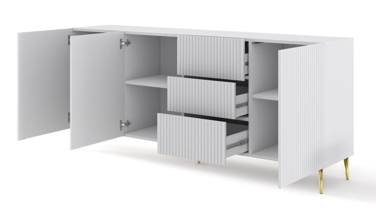 Buffet Ravenna B 200 cm 3 portes 3 tiroirs façades fraisées - blanc mat, pieds dorés