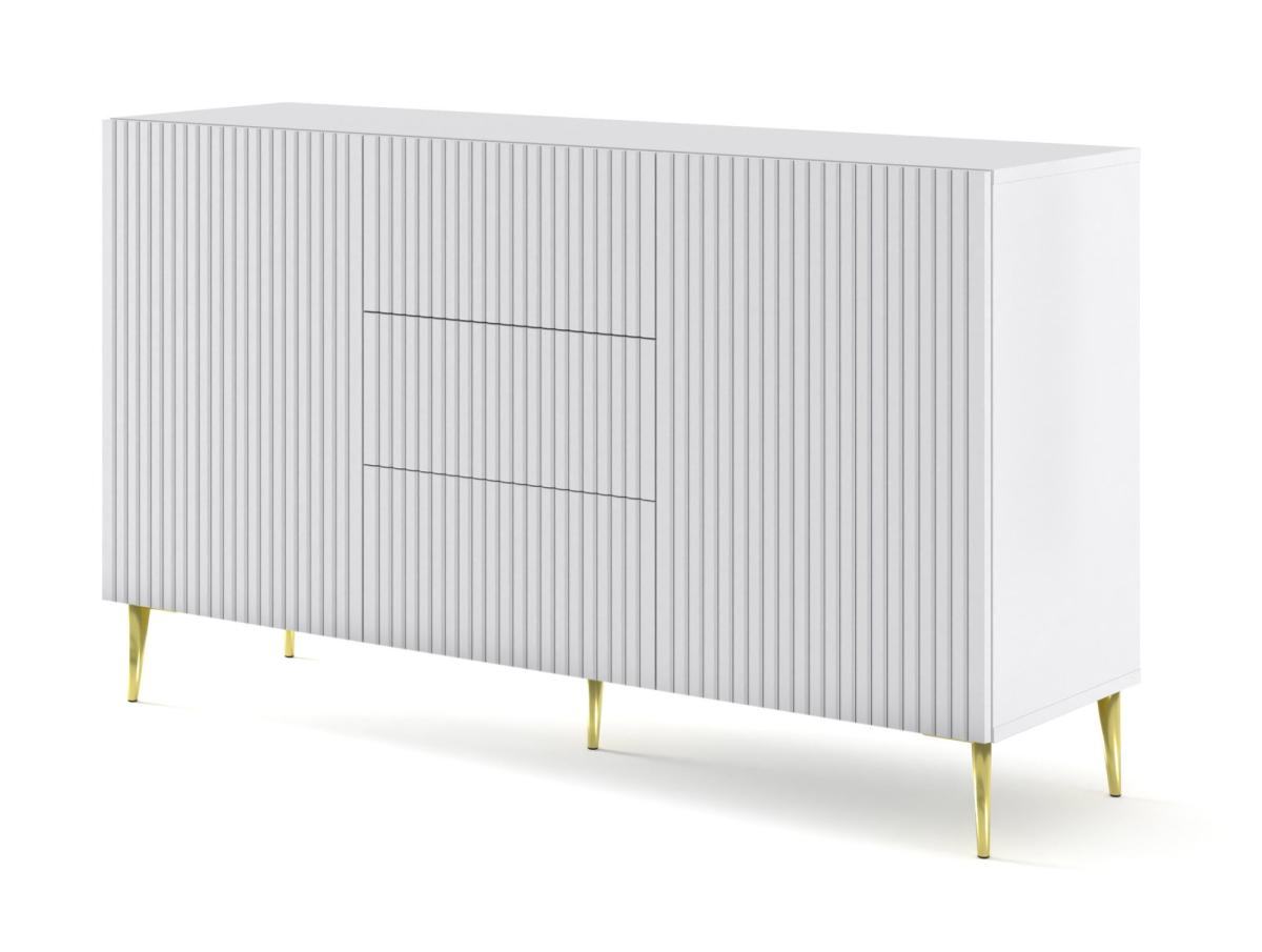 Buffet Ravenna B 150 cm 2 portes 3 tiroirs façades fraisées - blanc mat, pieds dorés