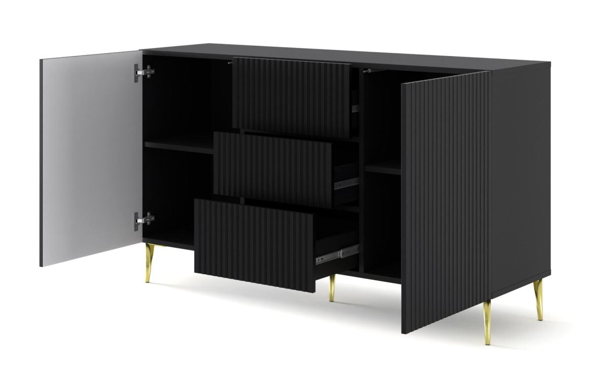 Buffet Ravenna B 150 cm 2 portes 3 tiroirs façades fraisées - noir mat, pieds dorés