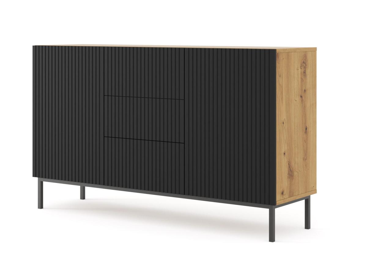 Buffet Ravenna B 150 cm 2 portes 3 tiroirs façades fraisées - chêne artisan/noir mat, cadre noir