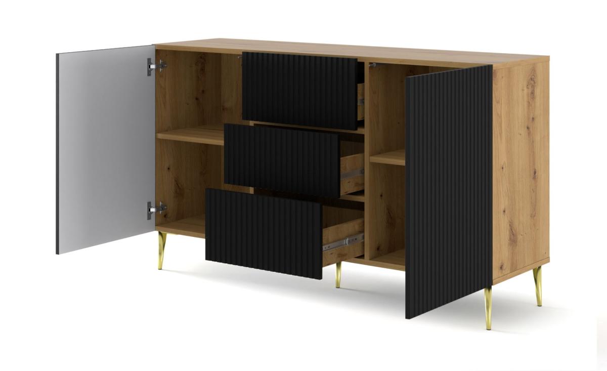 Buffet Ravenna B 150 cm 2 portes 3 tiroirs façades fraisées - chêne artisan/noir mat, pieds dorés
