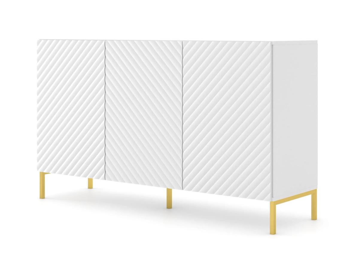 Buffet Surf 150 cm 3 portes façades fraisées - blanc mat, pieds dorés