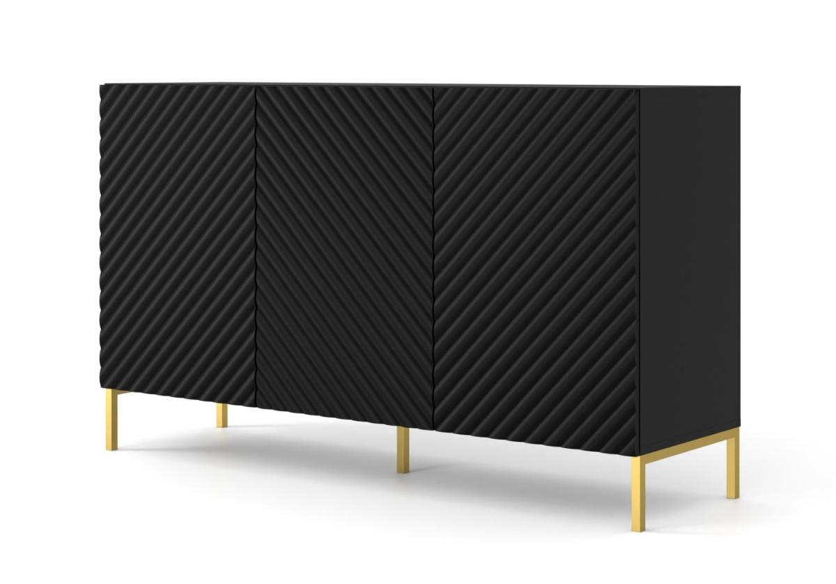 Buffet Surf 150 cm 3 portes façades fraisées - noir mat, pieds dorés