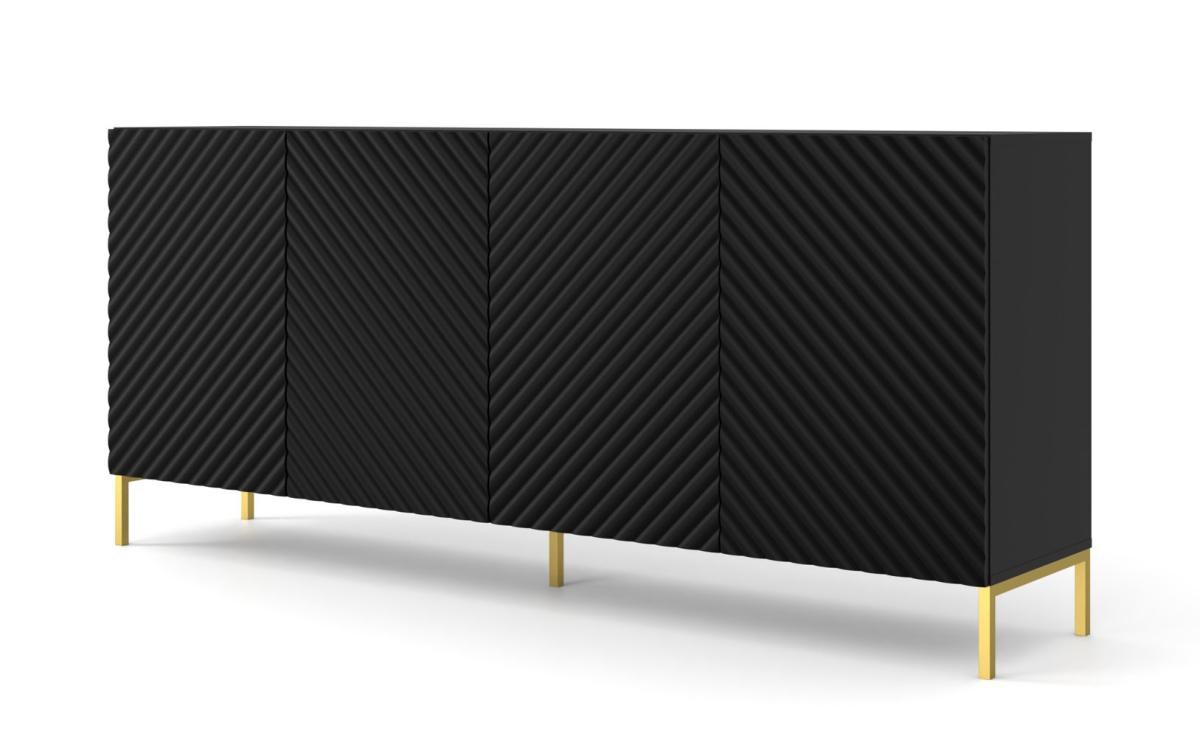 Buffet Surf 200 cm 4 portes façades fraisées - noir mat, pieds dorés