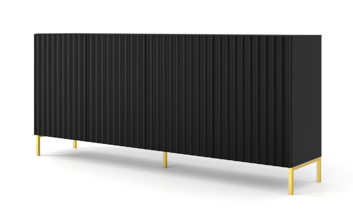 Buffet Wave 200 cm 4 portes - noir mat, piètement doré