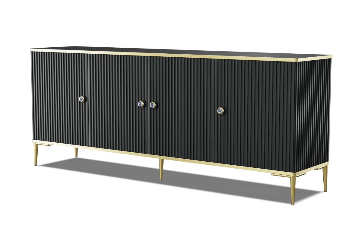 Buffet Petra 182 cm 4 portes façades fraisées - noir mat, pieds dorés