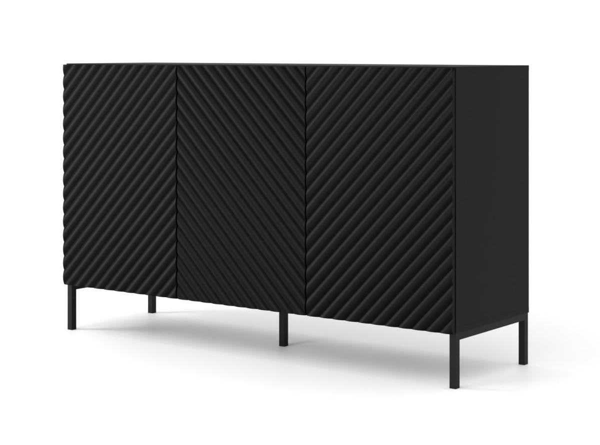 Buffet Surf 150 cm 3 portes façades fraisées - noir mat, pieds noirs