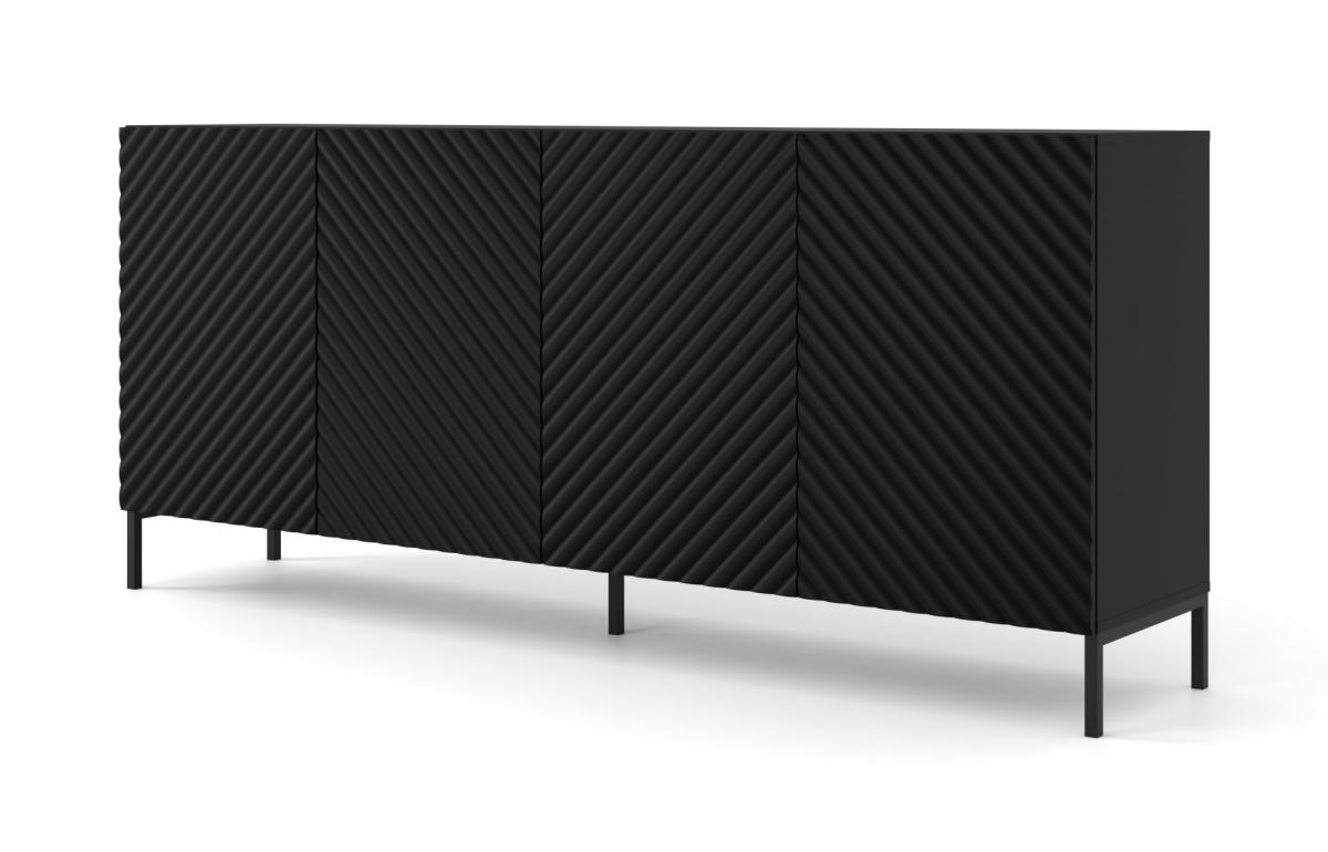 Buffet Surf 200 cm 4 portes façades fraisées - noir mat, pieds noirs