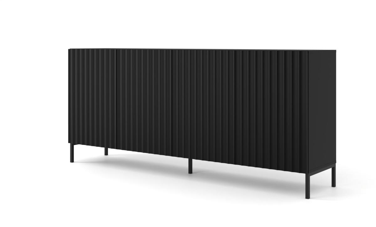 Buffet Wave 200 cm 4 portes - noir mat, piètement noir