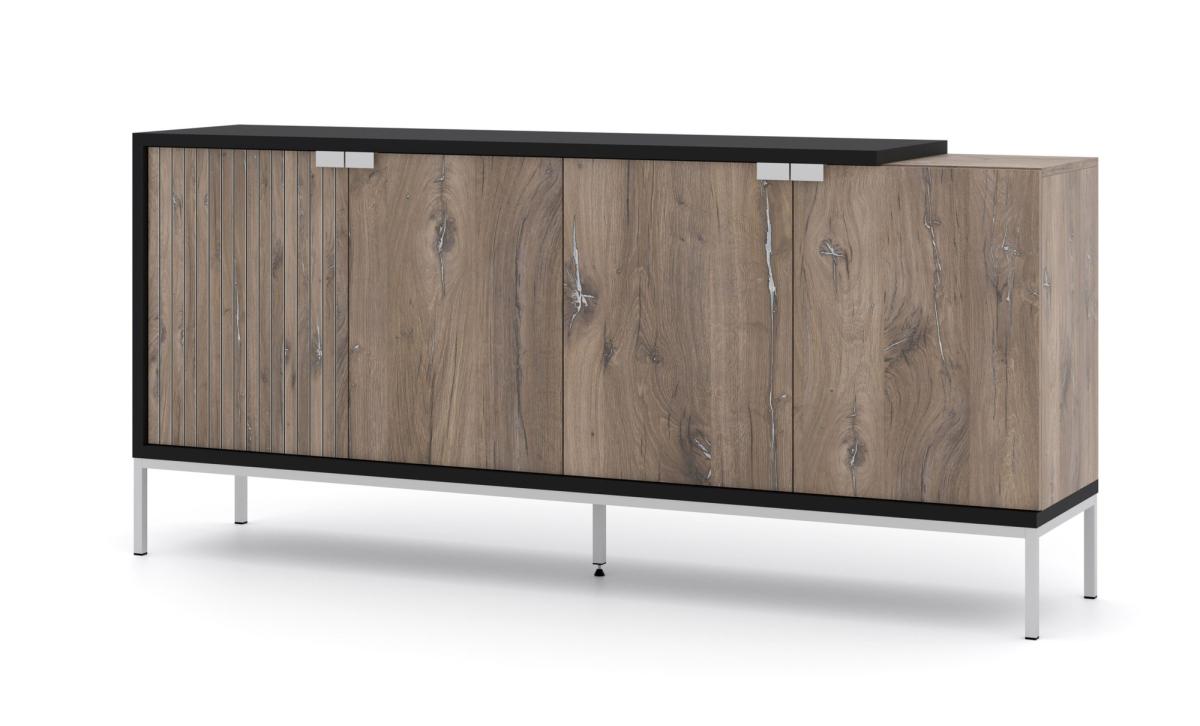 Buffet Toledo 190 cm 4 portes - chêne flagstaff et noir mat, piètement argenté