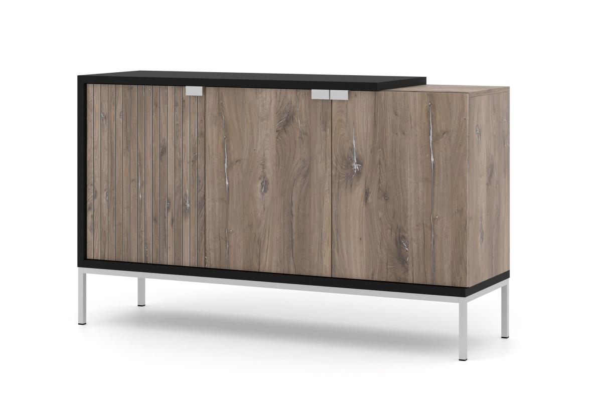 Buffet Toledo 143 cm 3 portes - chêne flagstaff et noir mat, piètement argenté