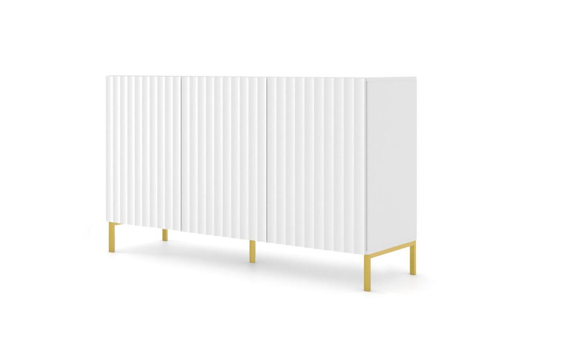 Buffet Wave 150 cm 3 portes - blanc mat, piètement doré