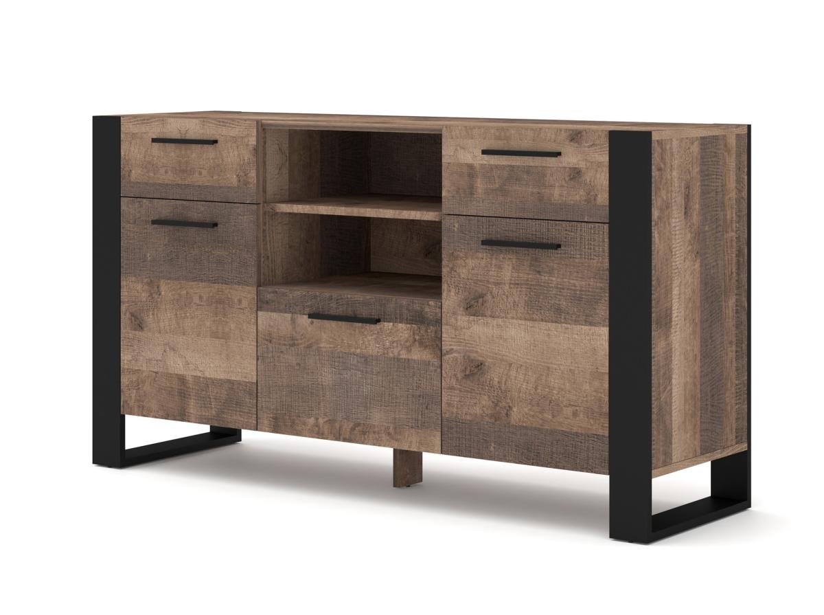Buffet Nuka C 155 cm 2 portes 1 abattant 2 tiroirs - chêne grange, pieds cadre noirs
